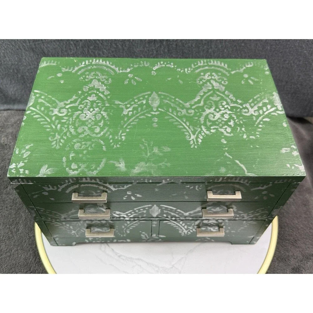 Green Hand Painted Wood Jewelry Box Silver Stencil Mirror Geometric Handmade